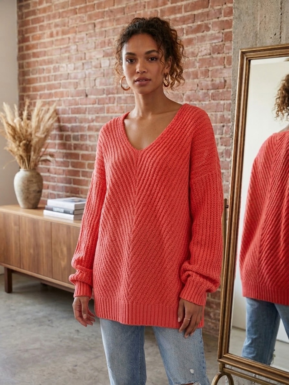 Free People Orange Coral Knit V-Neck Oversized Pullover